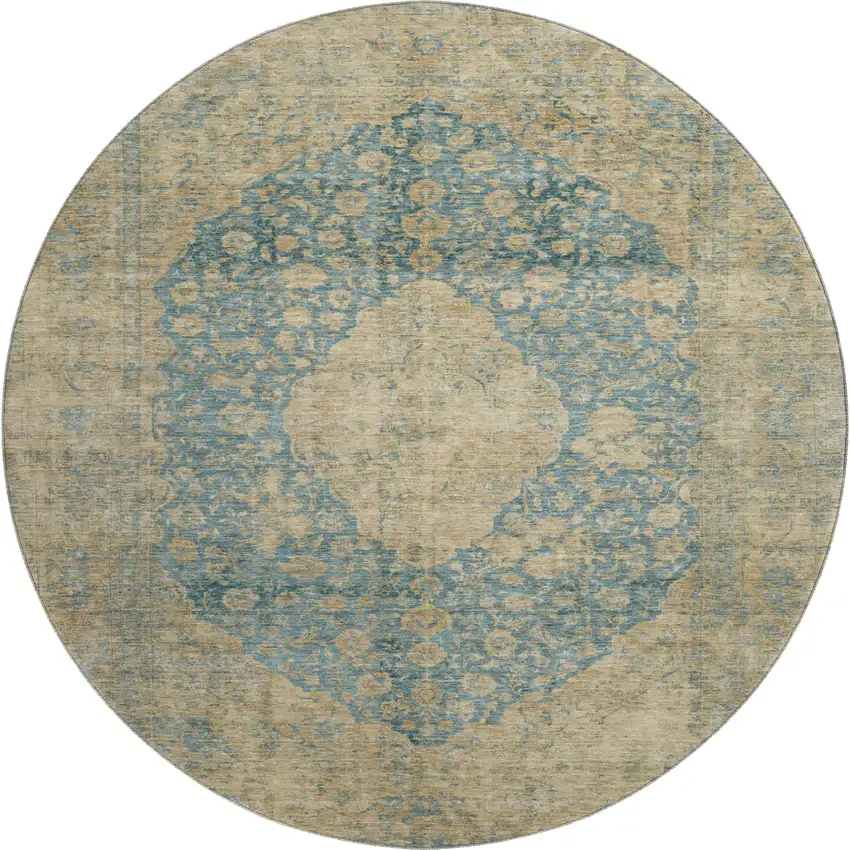 8' Blue Beige And Taupe Medallion Washable Round Rug With UV Protection Photo 1