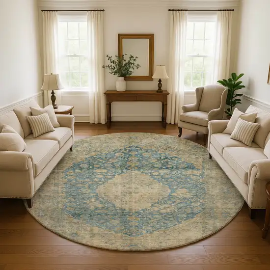 8' Blue Beige And Taupe Medallion Washable Round Rug With UV Protection Photo 4