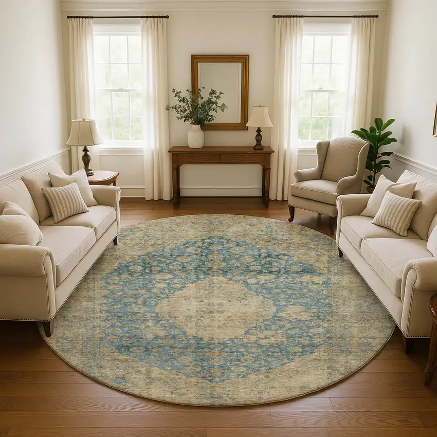 8' Blue Beige And Taupe Medallion Washable Round Rug With UV Protection Photo 4