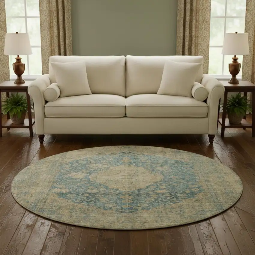8' Blue Beige And Taupe Medallion Washable Round Rug With UV Protection Photo 2