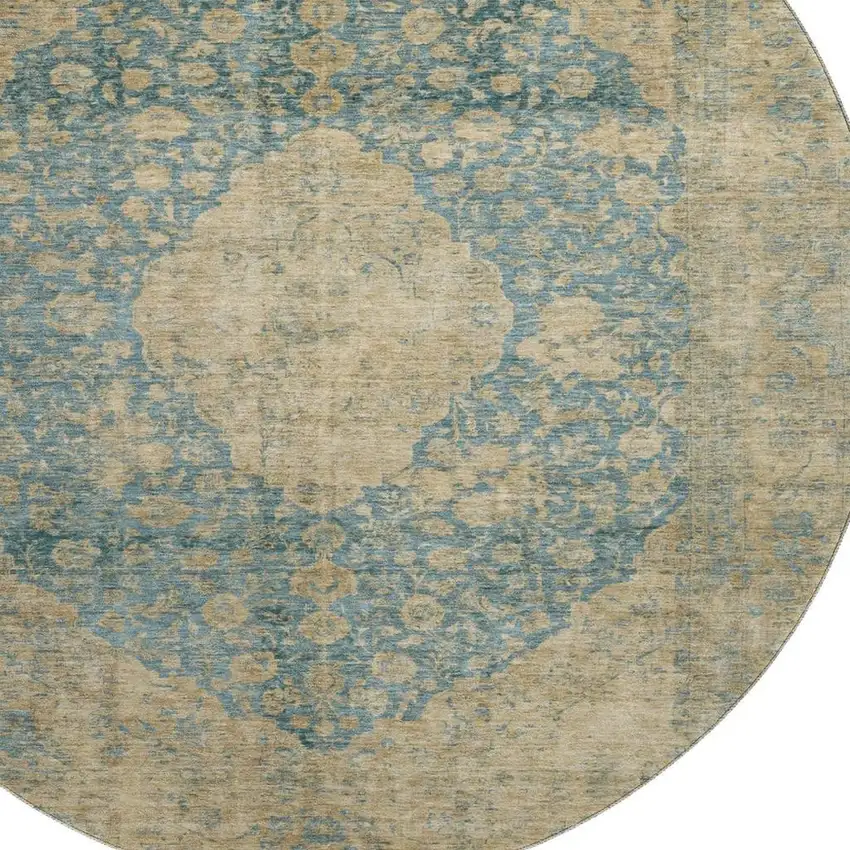 8' Blue Beige And Taupe Medallion Washable Round Rug With UV Protection Photo 2