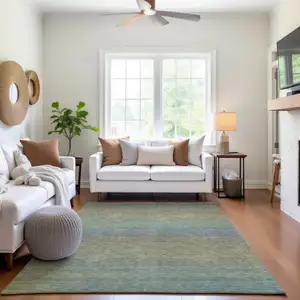 Photo of 8' Blue Beige And Taupe Striped Washable Area Rug With UV Protection