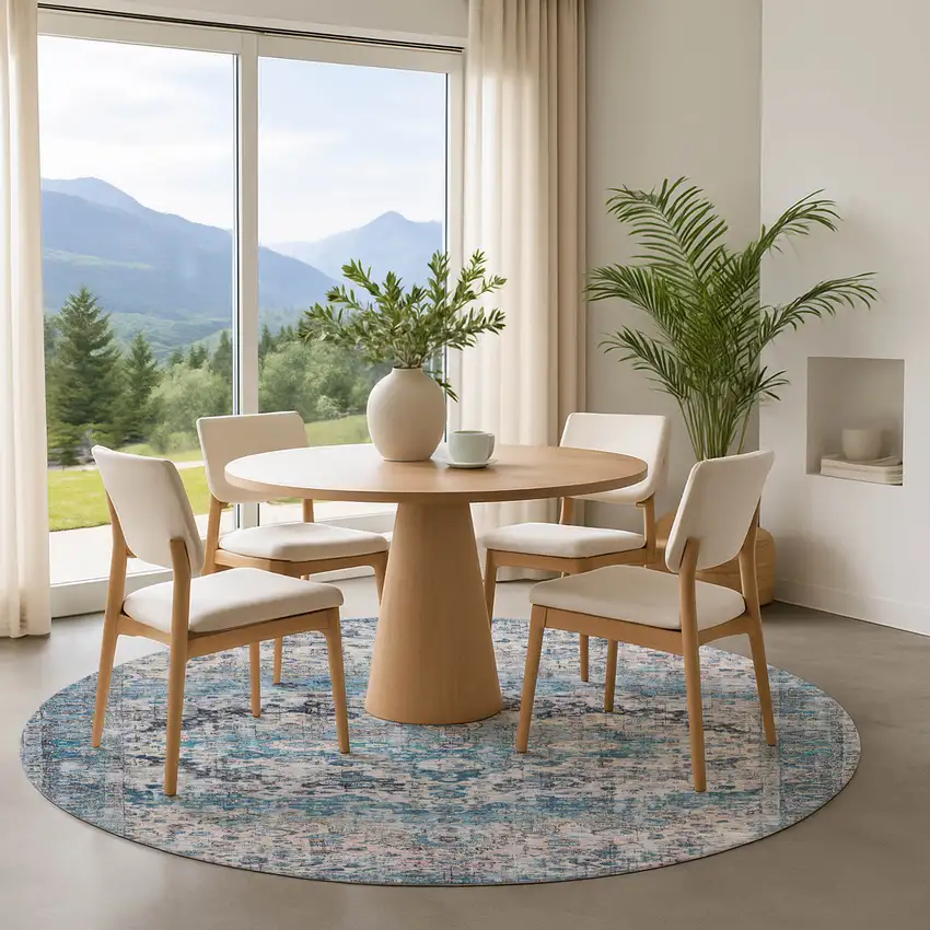 8' Blue Beige And Teal Oriental Washable Round Rug With UV Protection Photo 4