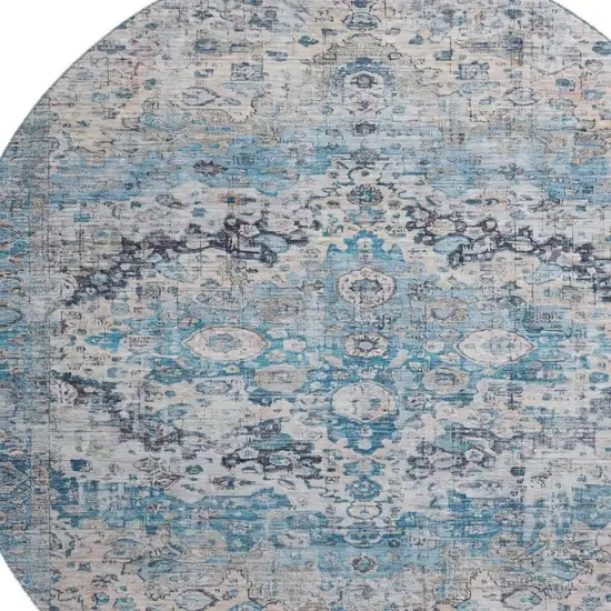 8' Blue Beige And Teal Oriental Washable Round Rug With UV Protection Photo 2