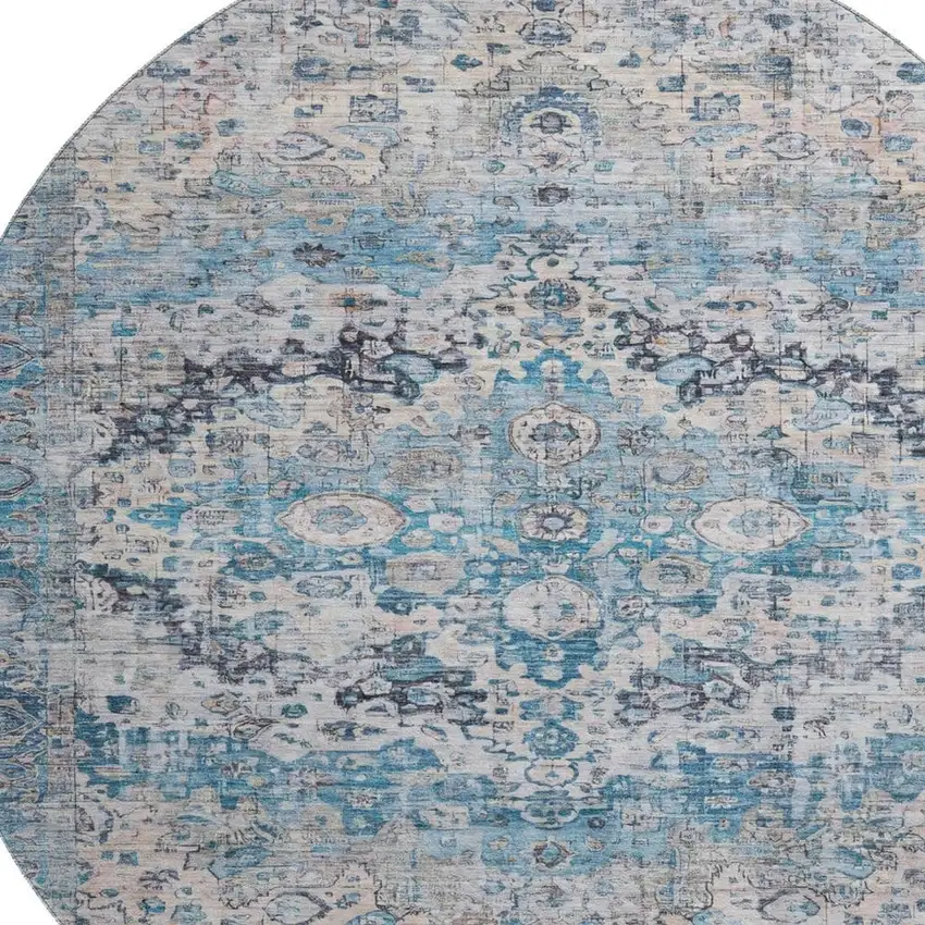 8' Blue Beige And Teal Oriental Washable Round Rug With UV Protection Photo 2