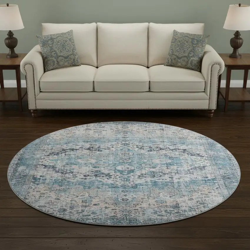 8' Blue Beige And Teal Oriental Washable Round Rug With UV Protection Photo 2