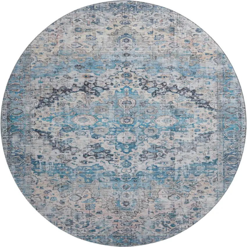 8' Blue Beige And Teal Oriental Washable Round Rug With UV Protection Photo 1