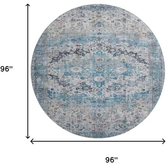 8' Blue Beige And Teal Oriental Washable Round Rug With UV Protection Photo 9