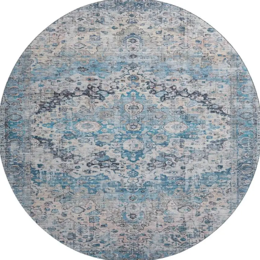 8' Blue Beige And Teal Oriental Washable Round Rug With UV Protection Photo 3