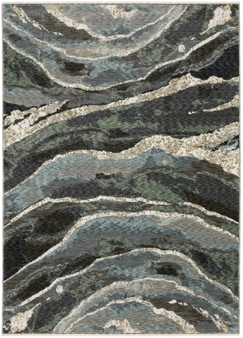 8' Blue Black And Beige Abstract Runner Rug With Fringe Photo 2