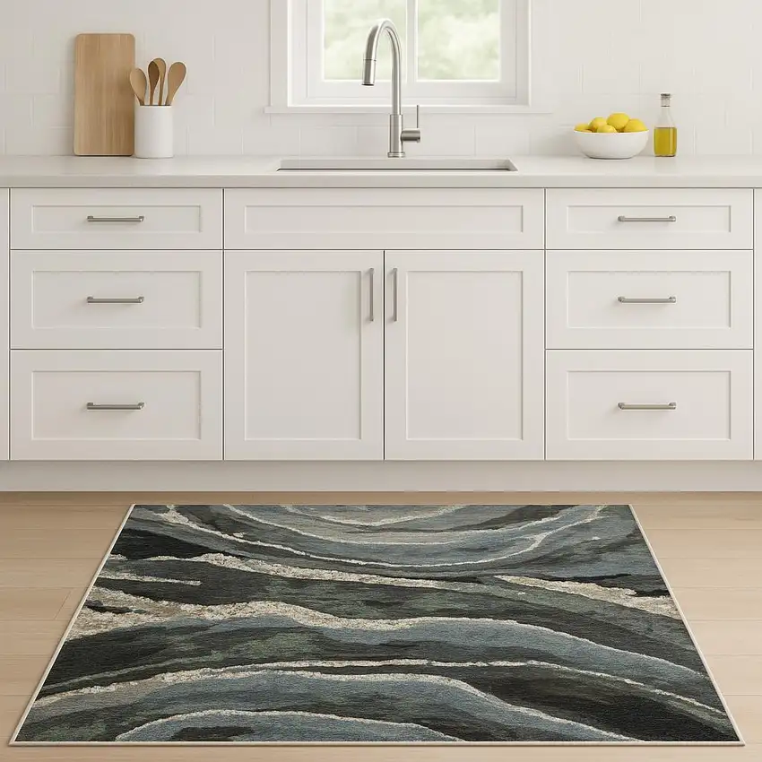 8' Blue Black And Beige Abstract Runner Rug With Fringe Photo 1