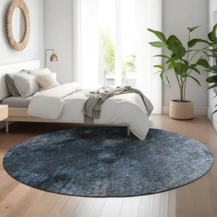 8' Blue Black And Gray Abstract Washable Round Rug With UV Protection Photo 5