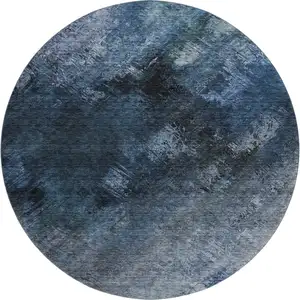 Photo of 8' Blue Black And Gray Abstract Washable Round Rug With UV Protection