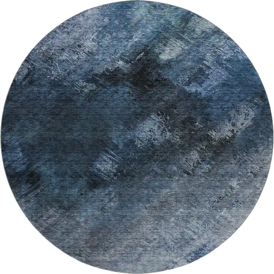 8' Blue Black And Gray Abstract Washable Round Rug With UV Protection Photo 1