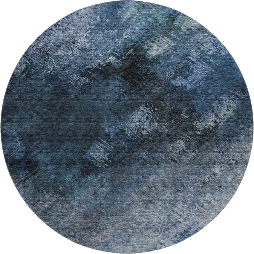 8' Blue Black And Gray Abstract Washable Round Rug With UV Protection Photo 1