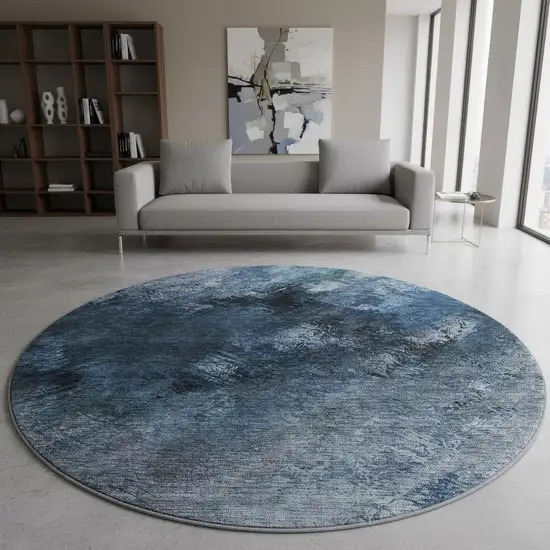 8' Blue Black And Gray Abstract Washable Round Rug With UV Protection Photo 2