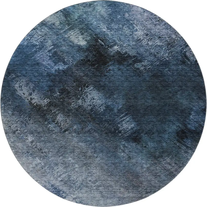 8' Blue Black And Gray Abstract Washable Round Rug With UV Protection Photo 4