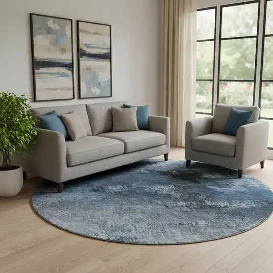 8' Blue Black And Gray Abstract Washable Round Rug With UV Protection Photo 1