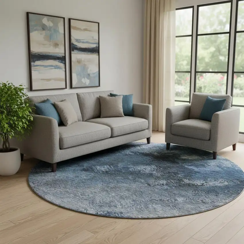 8' Blue Black And Gray Abstract Washable Round Rug With UV Protection Photo 1