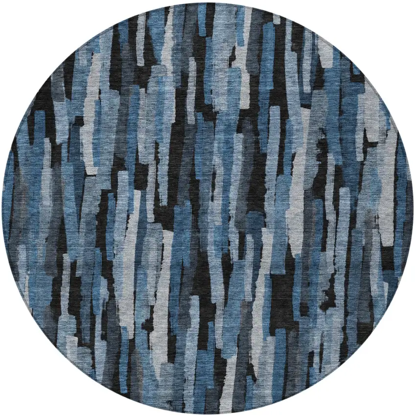 8' Blue Black And Gray Round Striped Washable Indoor Outdoor Area Rug Photo 6