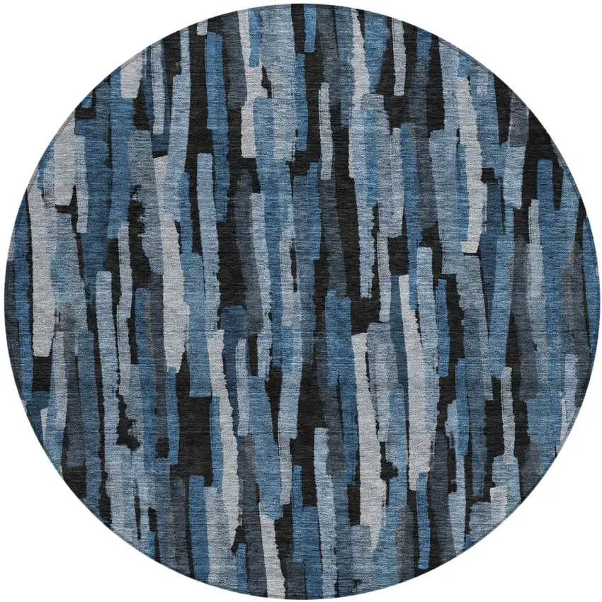 8' Blue Black And Gray Round Striped Washable Indoor Outdoor Area Rug Photo 2