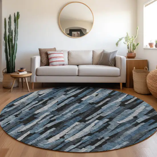 8' Blue Black And Gray Round Striped Washable Indoor Outdoor Area Rug Photo 8