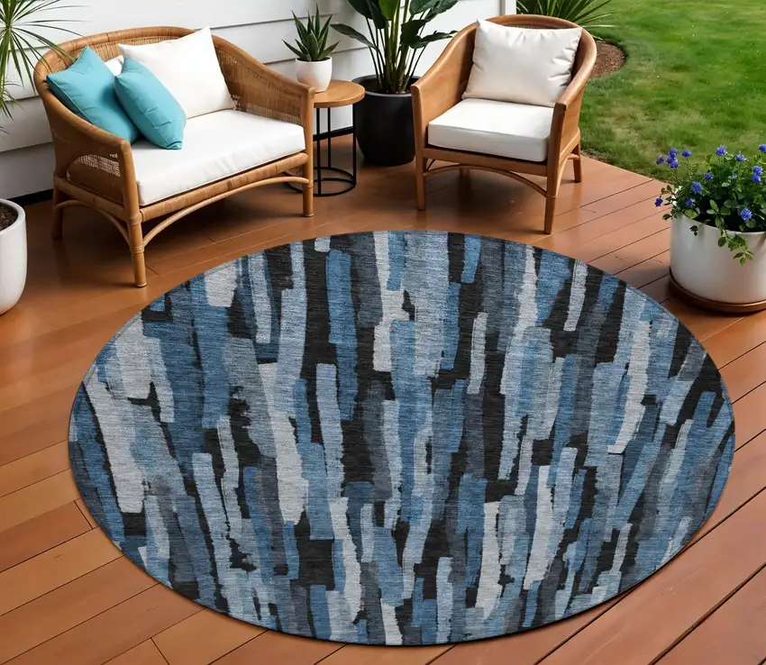 8' Blue Black And Gray Round Striped Washable Indoor Outdoor Area Rug Photo 1