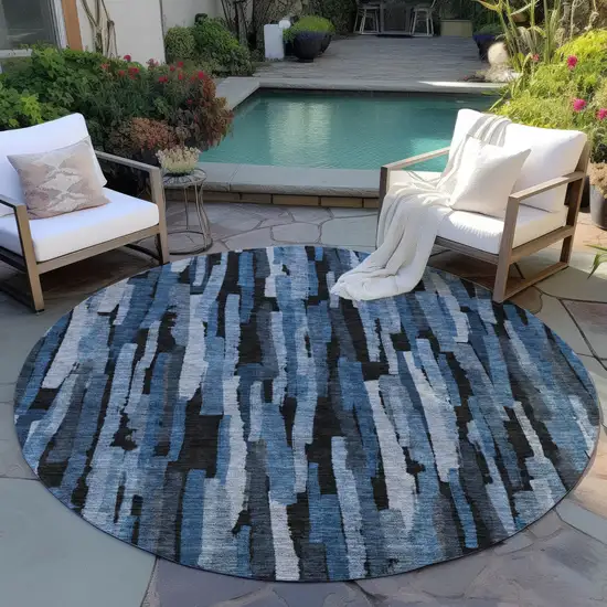 8' Blue Black And Gray Round Striped Washable Indoor Outdoor Area Rug Photo 7