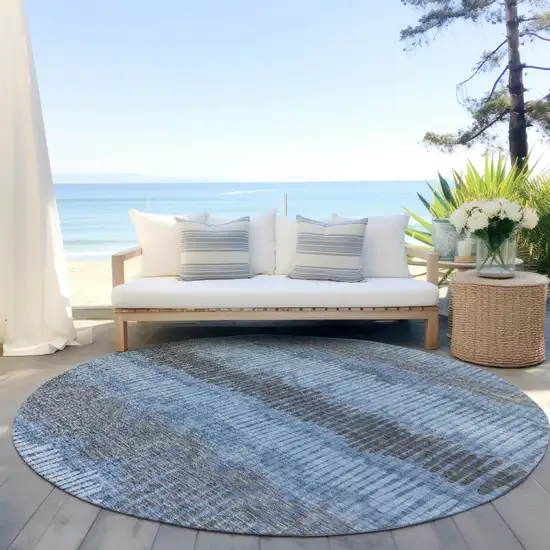 8' Blue Black And Gray Round Striped Washable Indoor Outdoor Area Rug Photo 7