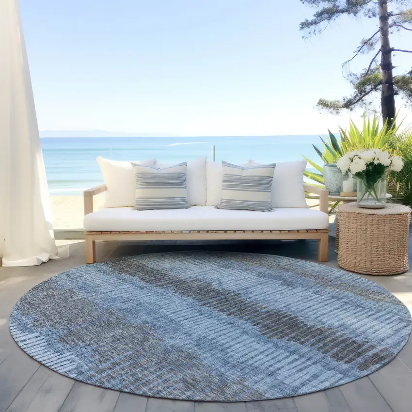 8' Blue Black And Gray Round Striped Washable Indoor Outdoor Area Rug Photo 7