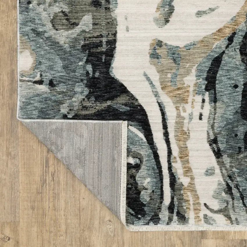 8' Blue Black And Ivory Abstract Runner Rug With Fringe Photo 2