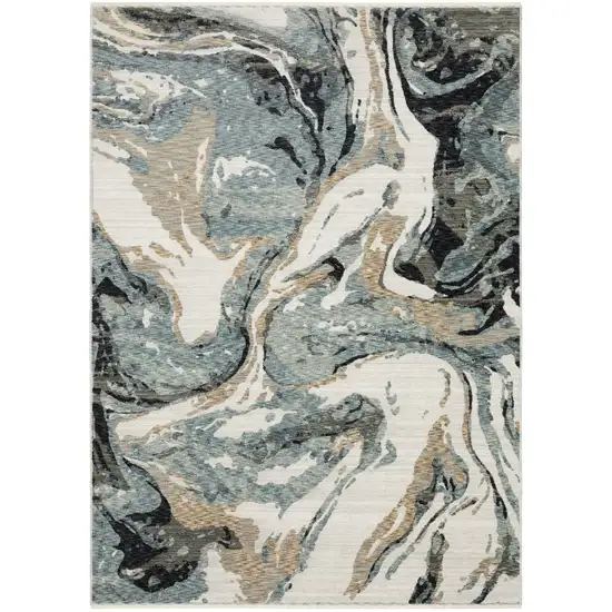 8' Blue Black And Ivory Abstract Runner Rug With Fringe Photo 4