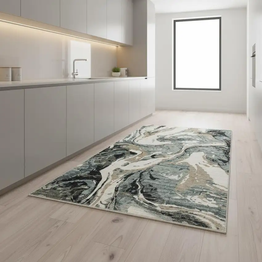 8' Blue Black And Ivory Abstract Runner Rug With Fringe Photo 1