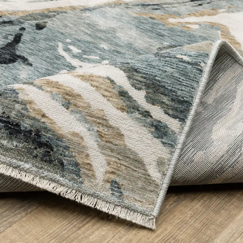 8' Blue Black And Ivory Abstract Runner Rug With Fringe Photo 9