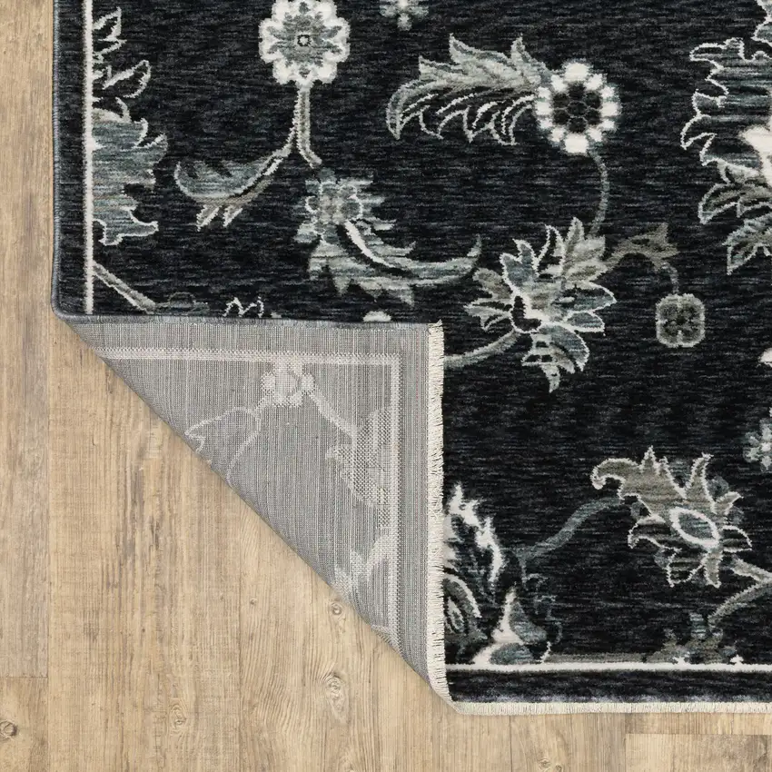 8' Blue Black And Ivory Floral Runner Rug With Fringe Photo 9