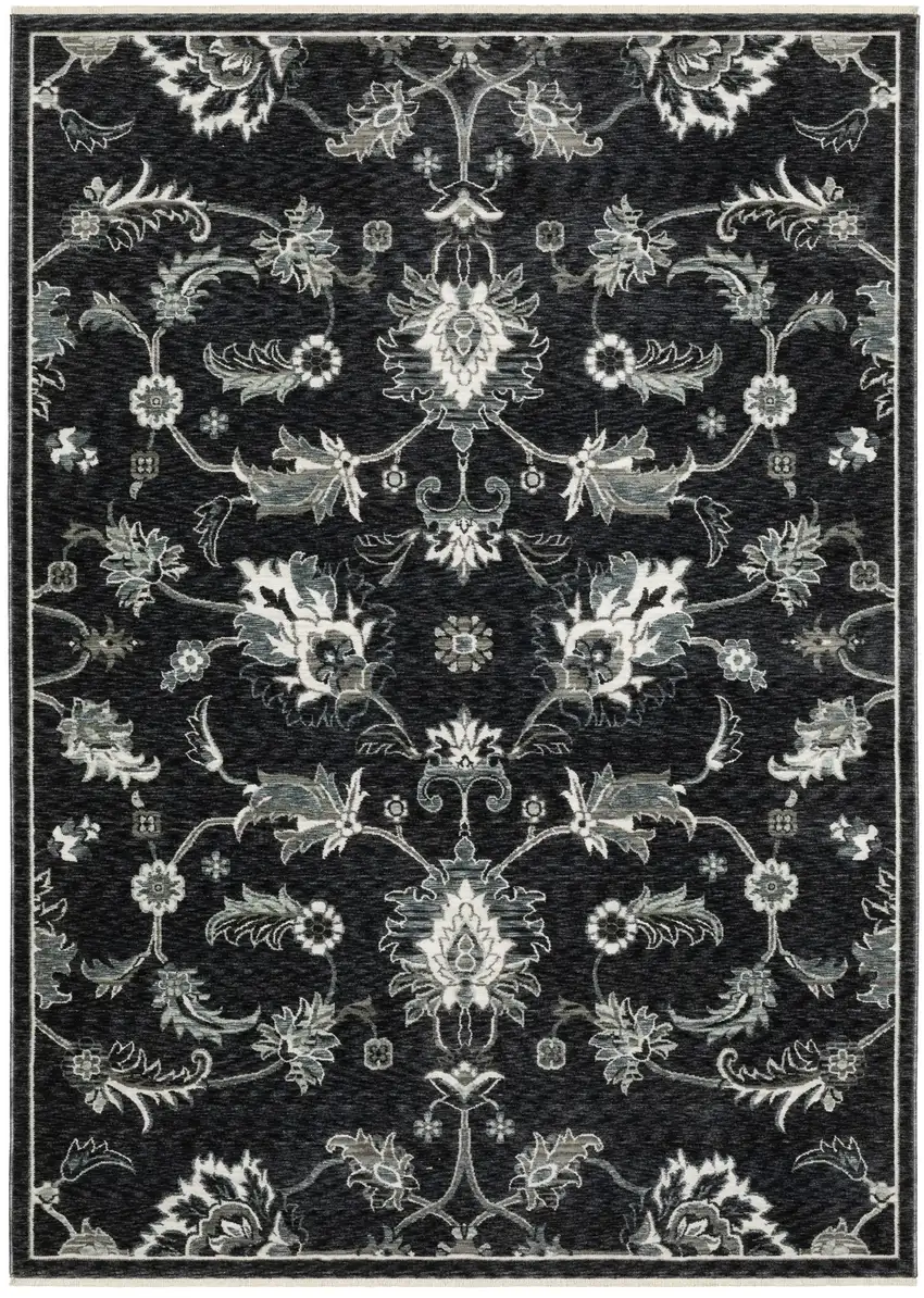 8' Blue Black And Ivory Floral Runner Rug With Fringe Photo 3