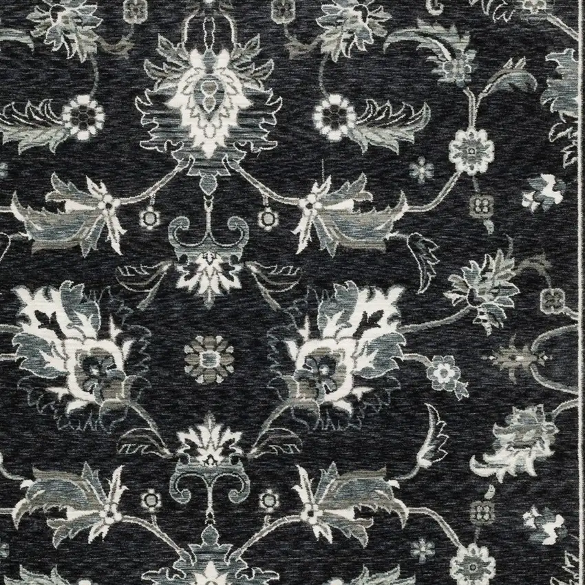 8' Blue Black And Ivory Floral Runner Rug With Fringe Photo 8