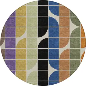 Photo of 8' Blue Black Purple And Orange Round Geometric Washable Indoor Outdoor Area Rug