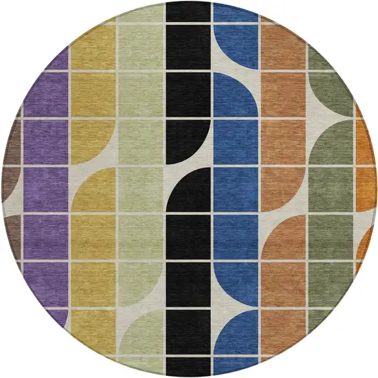 8' Blue Black Purple And Orange Round Geometric Washable Indoor Outdoor Area Rug Photo 1