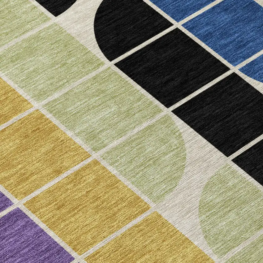 8' Blue Black Purple And Orange Round Geometric Washable Indoor Outdoor Area Rug Photo 9