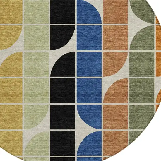 8' Blue Black Purple And Orange Round Geometric Washable Indoor Outdoor Area Rug Photo 2