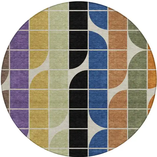 8' Blue Black Purple And Orange Round Geometric Washable Indoor Outdoor Area Rug Photo 3