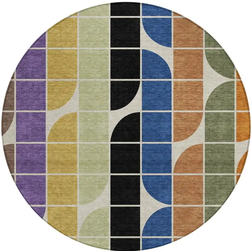 8' Blue Black Purple And Orange Round Geometric Washable Indoor Outdoor Area Rug Photo 3