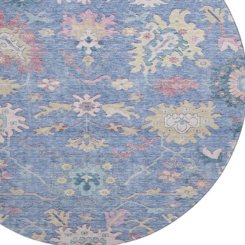 8' Blue Blush And Gold Floral Washable Round Rug With UV Protection Photo 2