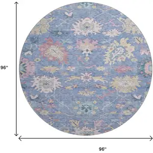 Photo of 8' Blue Blush And Gold Floral Washable Round Rug With UV Protection