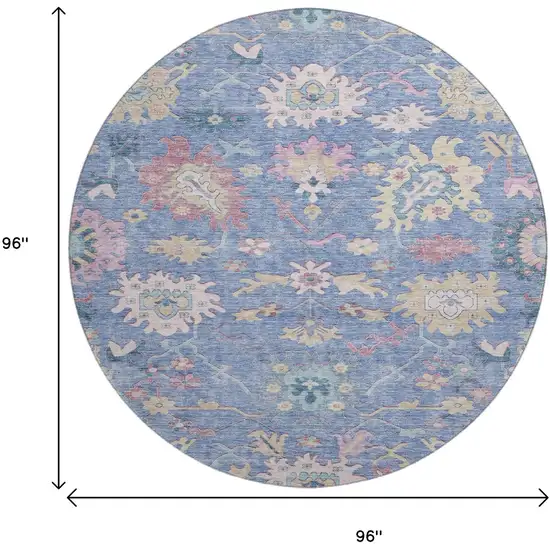 8' Blue Blush And Gold Floral Washable Round Rug With UV Protection Photo 9