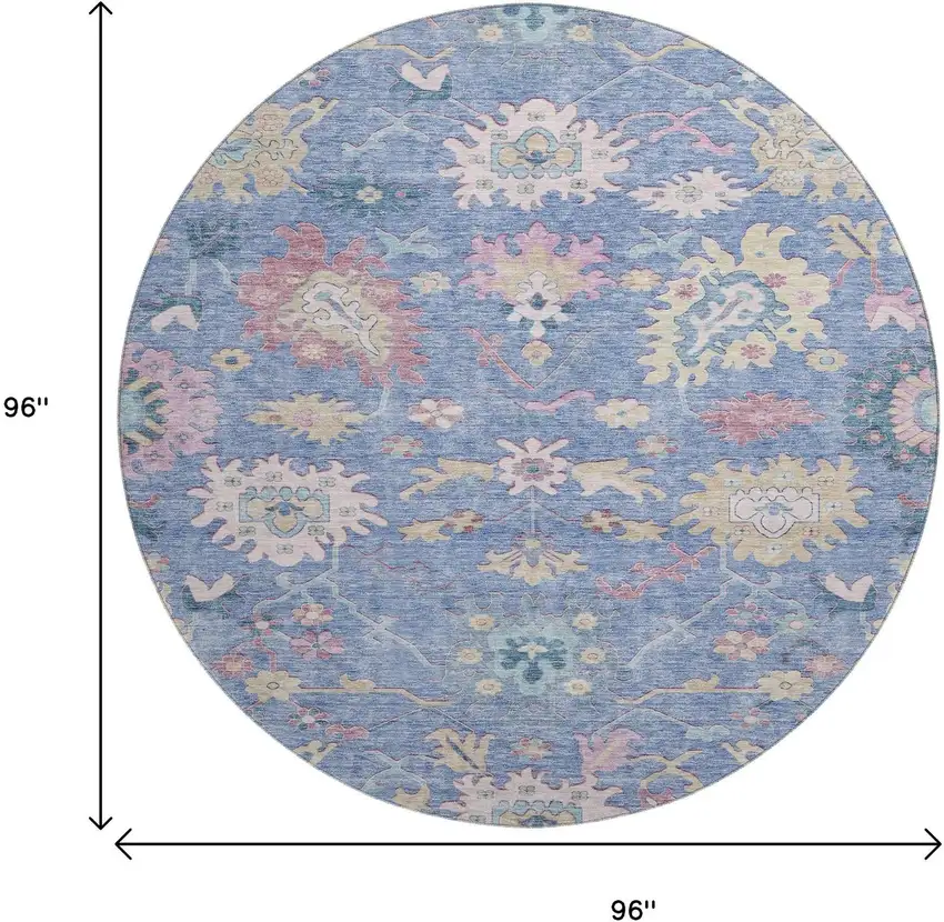 8' Blue Blush And Gold Floral Washable Round Rug With UV Protection Photo 9