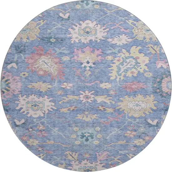 8' Blue Blush And Gold Floral Washable Round Rug With UV Protection Photo 1