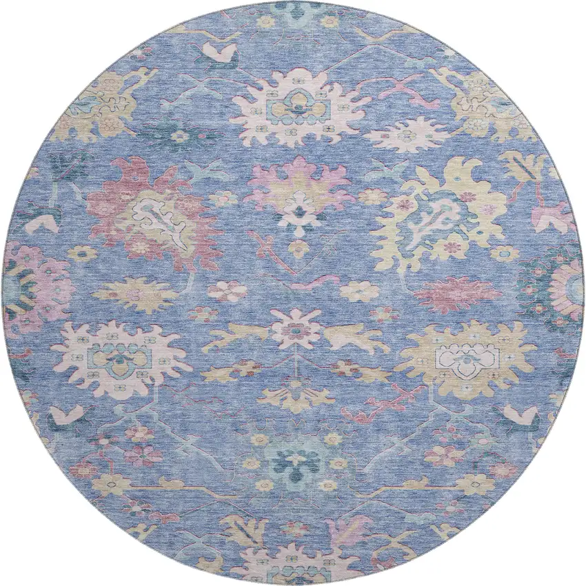 8' Blue Blush And Gold Floral Washable Round Rug With UV Protection Photo 1