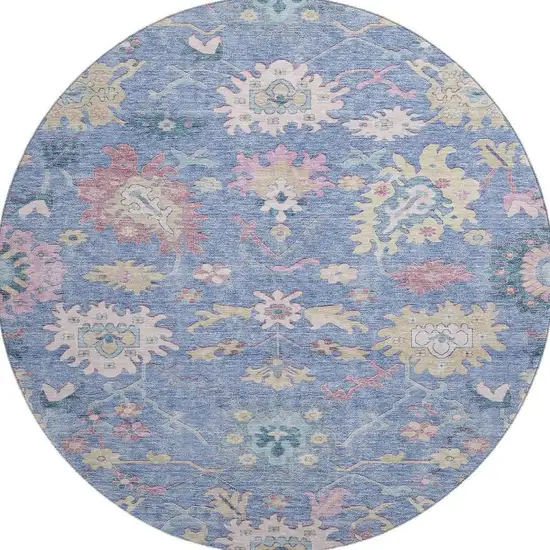 8' Blue Blush And Gold Floral Washable Round Rug With UV Protection Photo 3